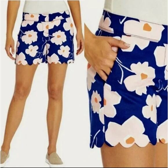 Isaac Mizrahi New York Tailored 5" Shorts Size 16 Scalloped Hem Blue Floral NEW - Picture 1 of 10